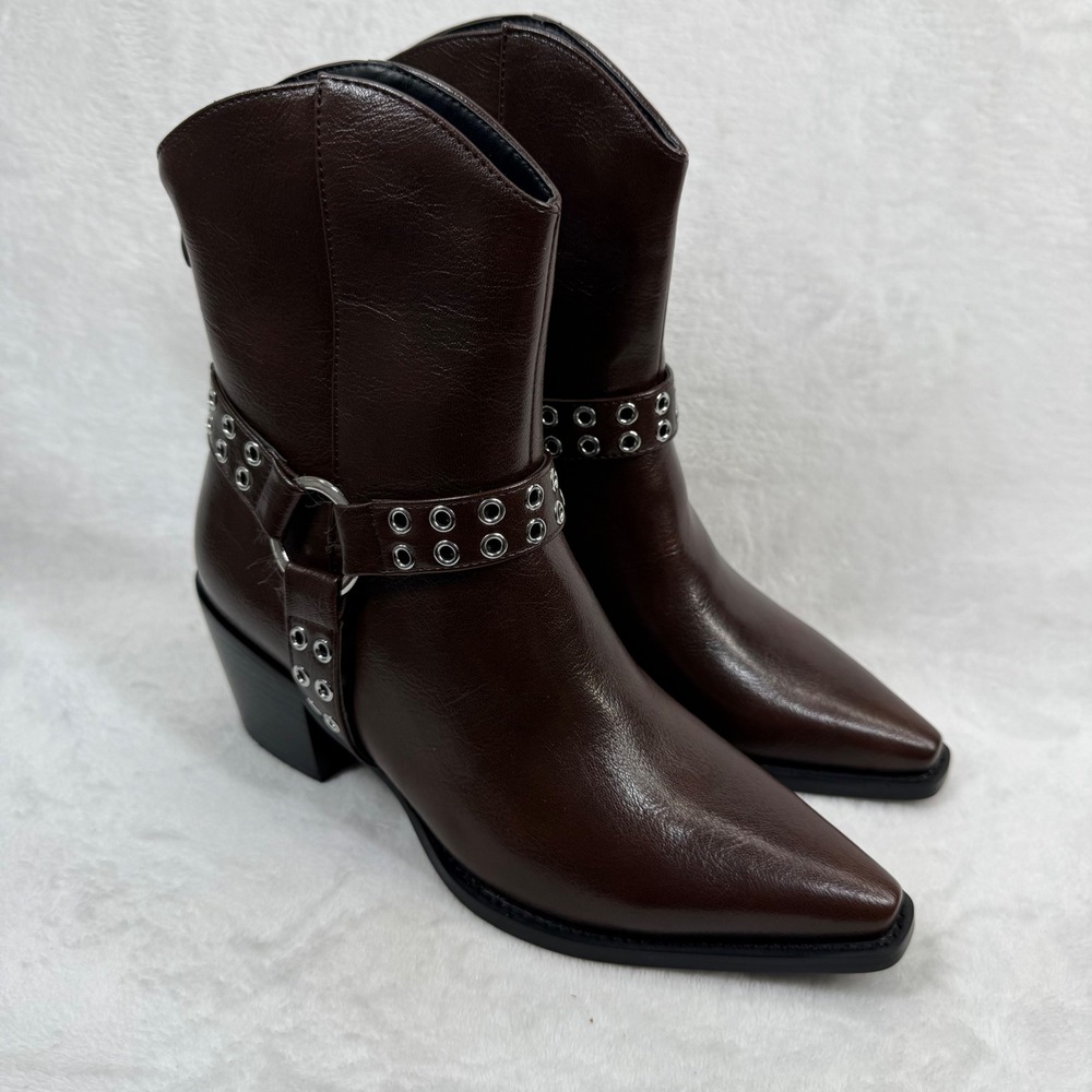 Lulus Dark‎ Brown Faux Leather Harness Western Ankle Boots Pointed Toe Zip 8